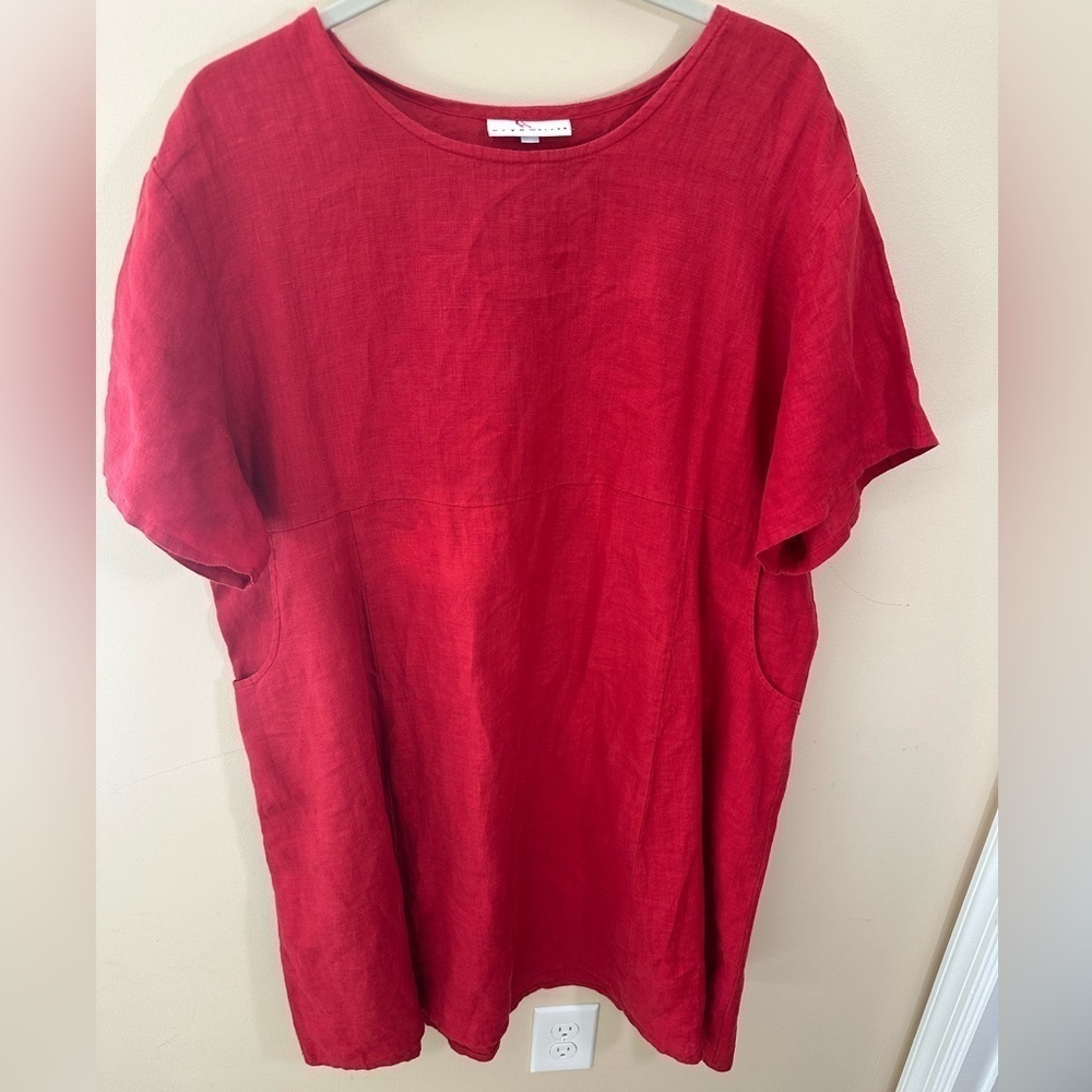 Bryn Walker tunic top red 100% linen lagenlook dress knee length size M